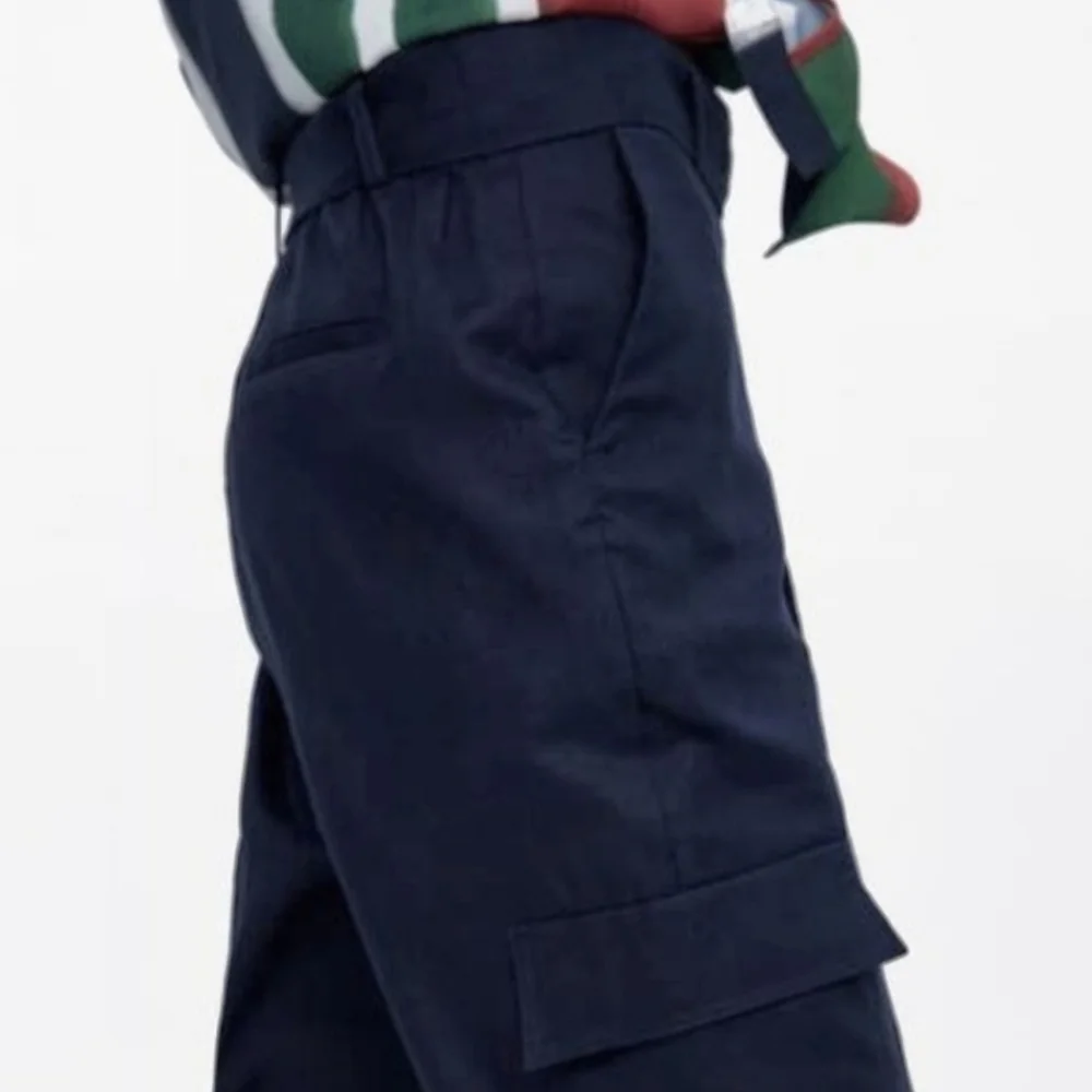 Zara Navy Blue Linen Roll-Up Cargo Pants XS Cropped High Rise Tie Belt Women's